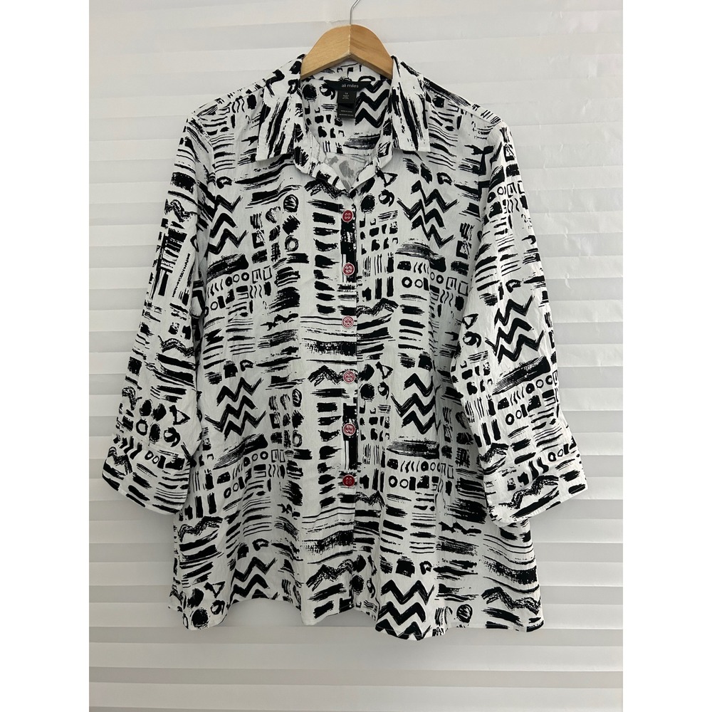 Ali Miles Womens 1X Abstract Print Button Front Tunic Top Black White Red Pocket